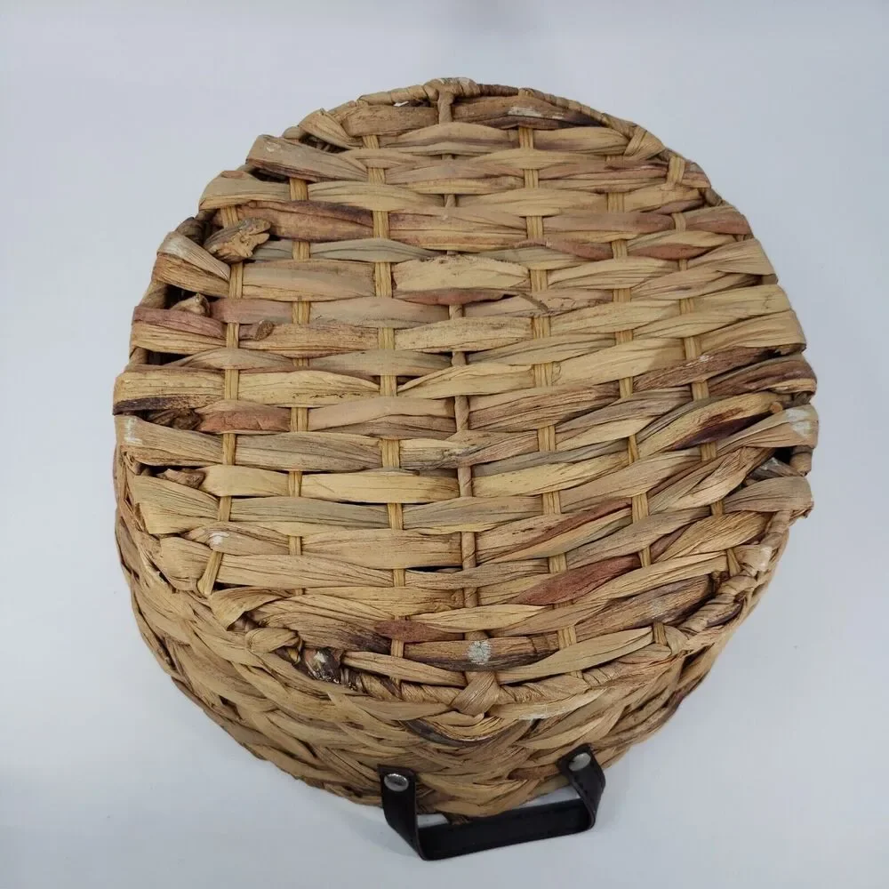 Woven Basket Vintage Rustic Metal Frame Round Riveted Vinyl Handles Pre-Owned